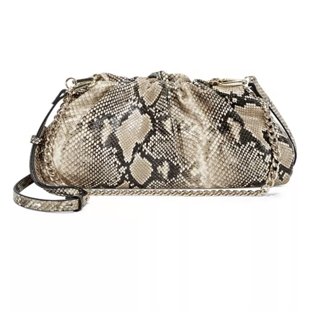 Python-Print Leather Clutch with Chain Strap - Beige/Black